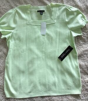 Designers Originals Women XL Mint Green Square Neck Knit Top Short Sleeve NWT